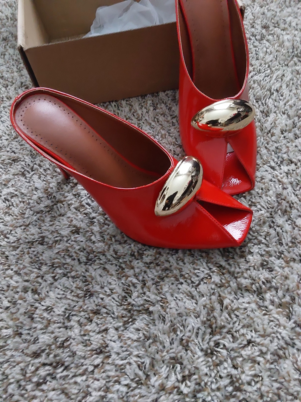 Red Patent Peep-Toe Mule with Gold Accent